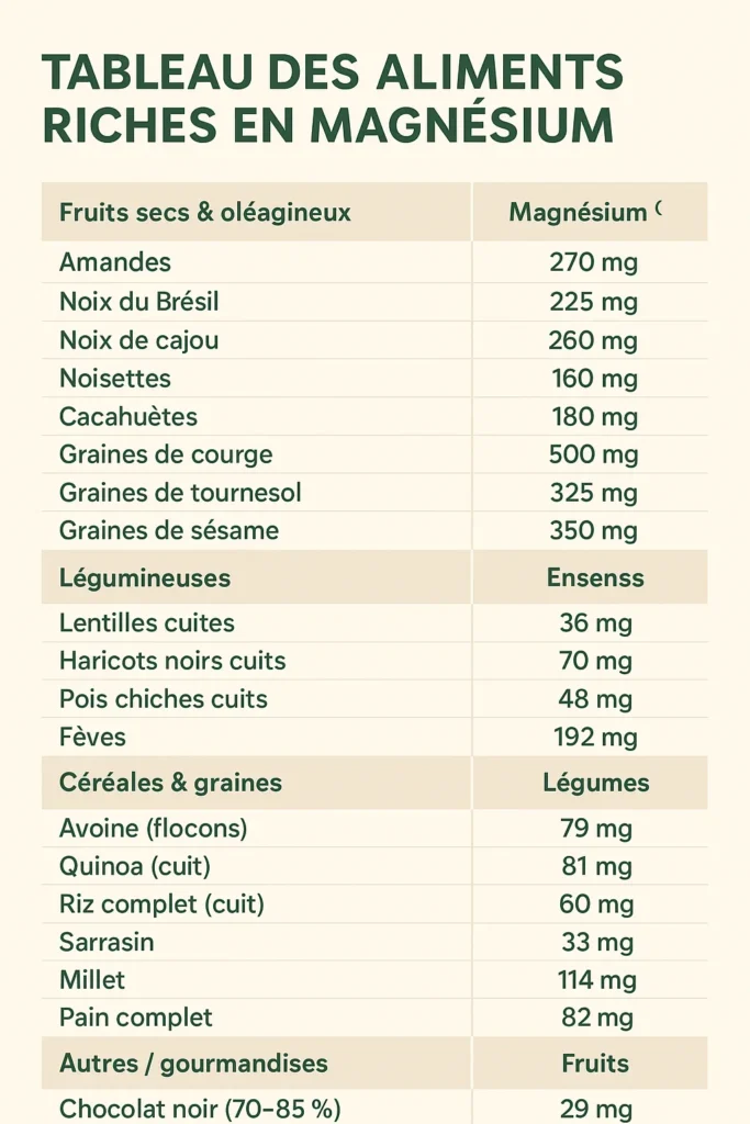 Tableau alimentaire du magnésium et stress